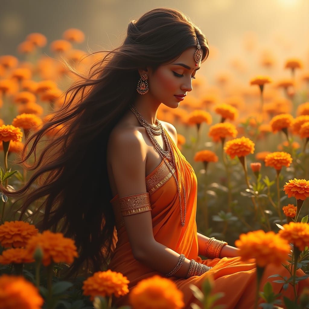 Goddess Lakshmi in Marigold Garden: Fantasy Art