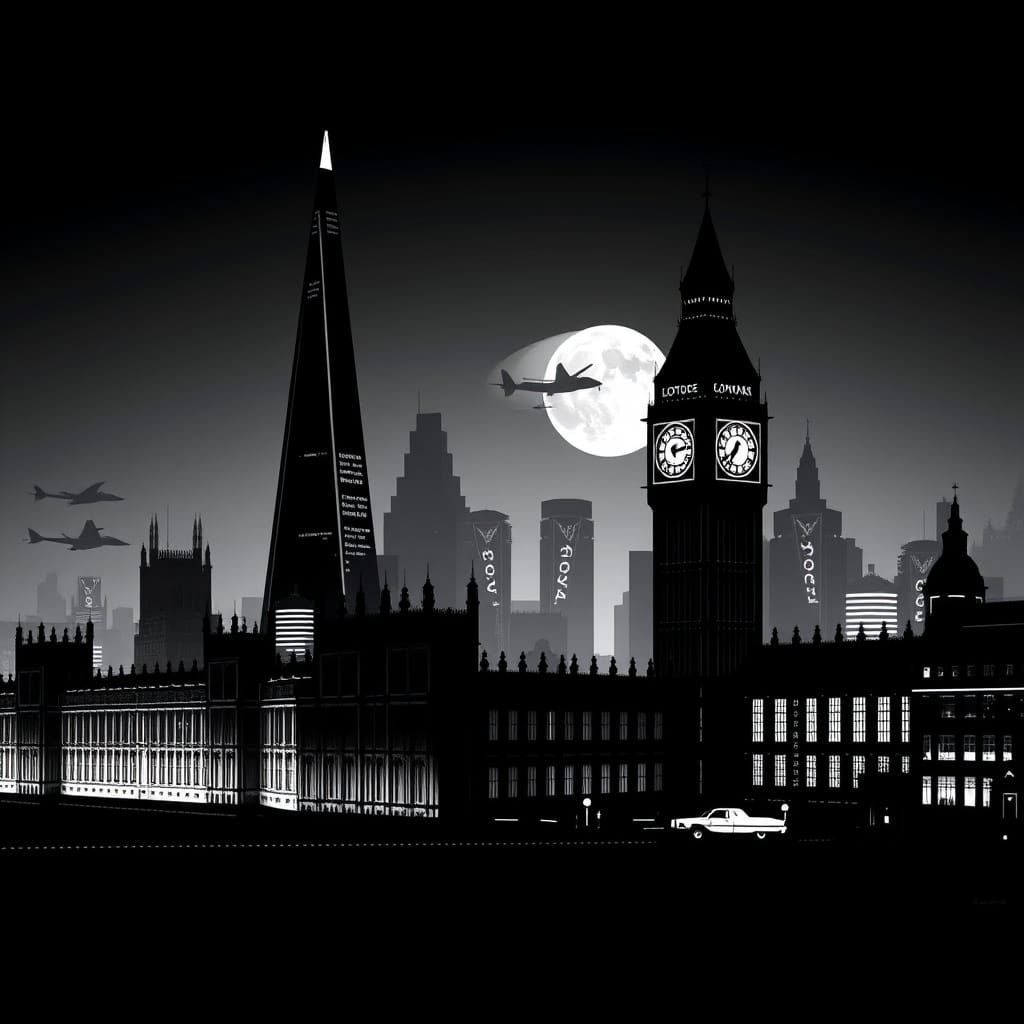 Stylized London Skyline in Noir Aesthetic