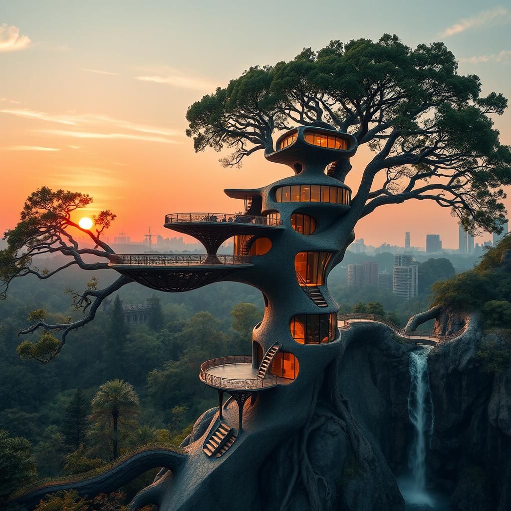 Futuristic Multi-Level Treehouse at Sunset