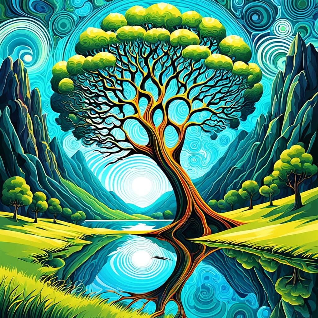 Vibrant Fractal Tree Unfolds Amidst Serene Lake Landscape