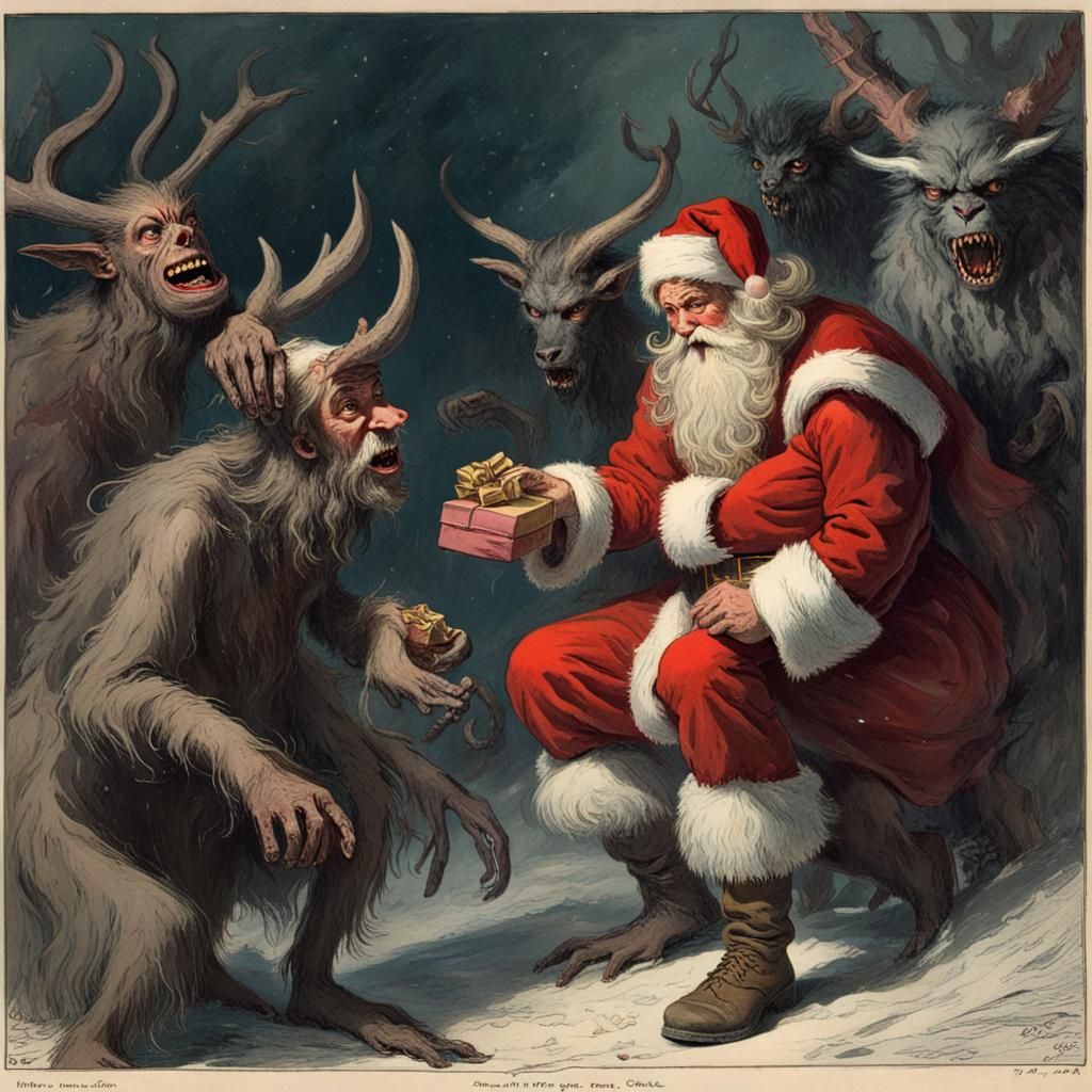 Santa Claus and Krampus in Hell: Creepy Magazine Style