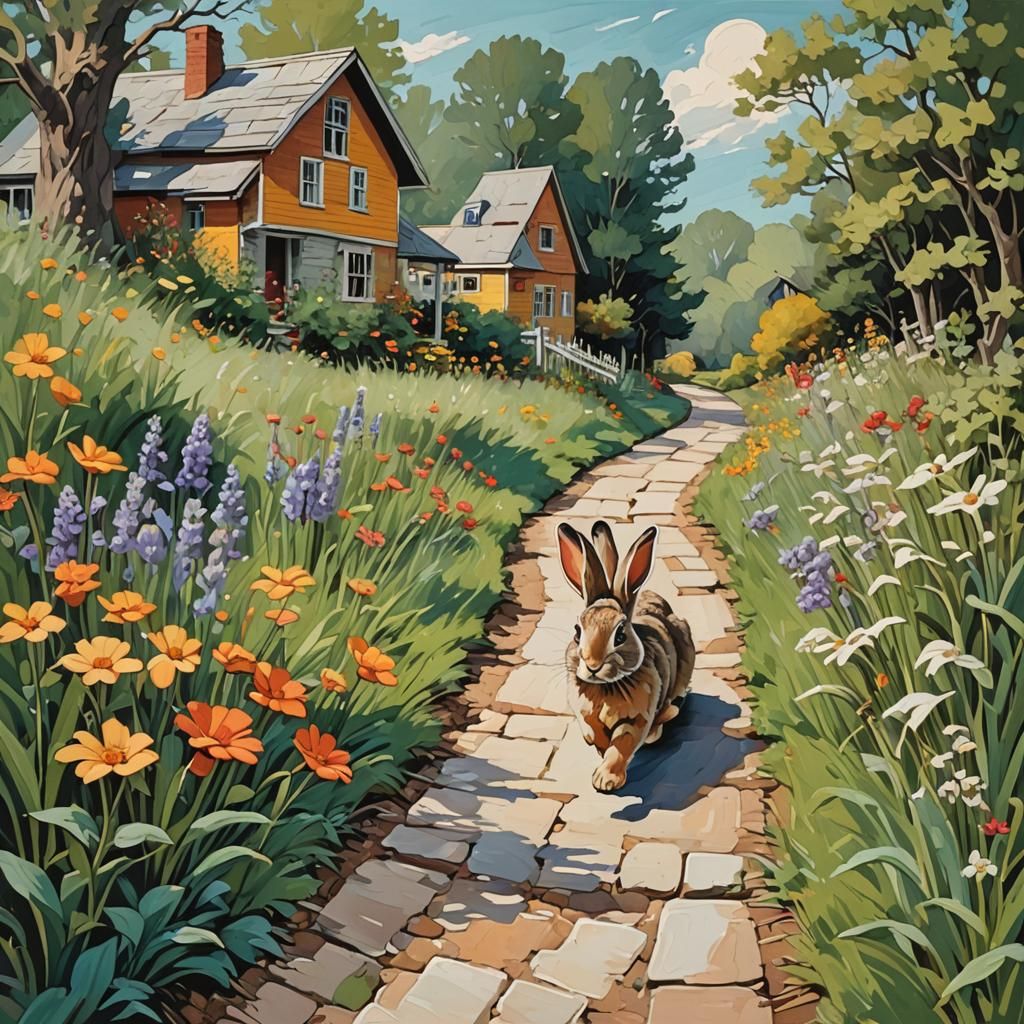 Abstract Rabbit Hopping Beside a House