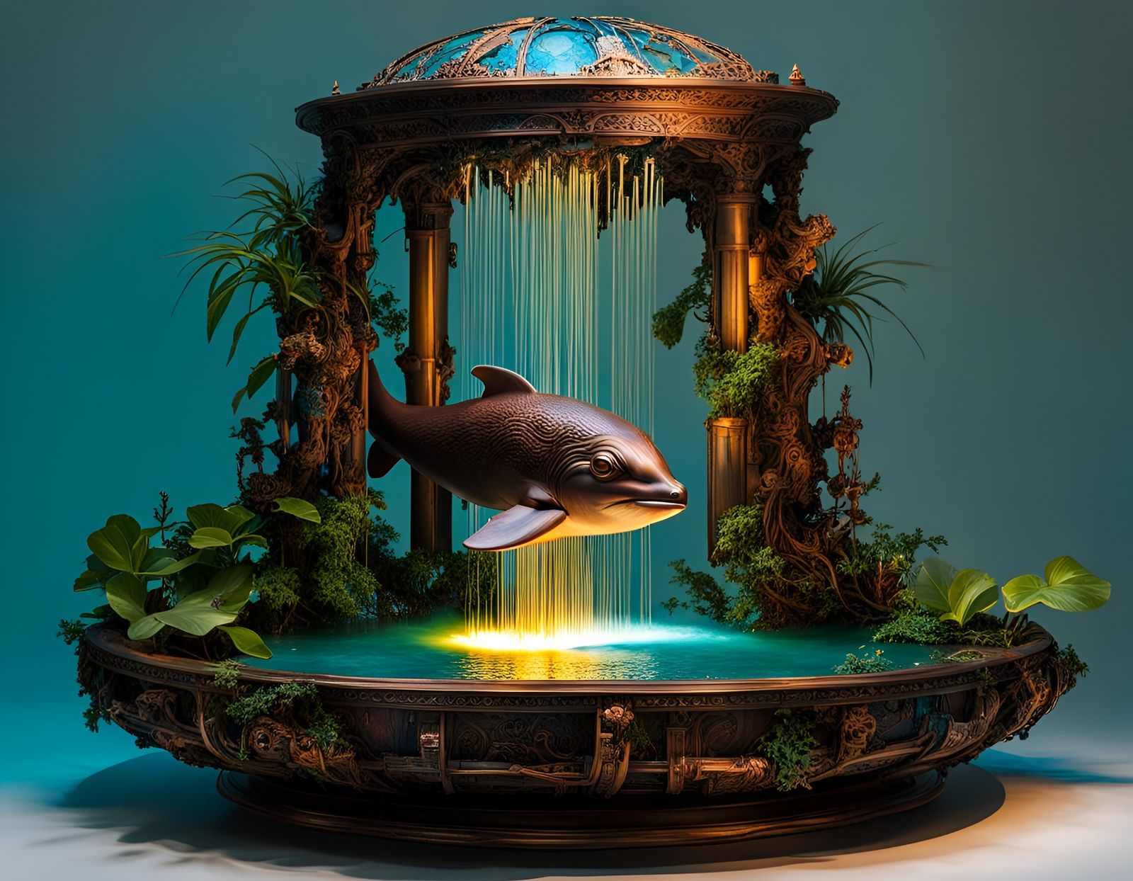 Dystopian Metal Porpoise Fountain Sculpture