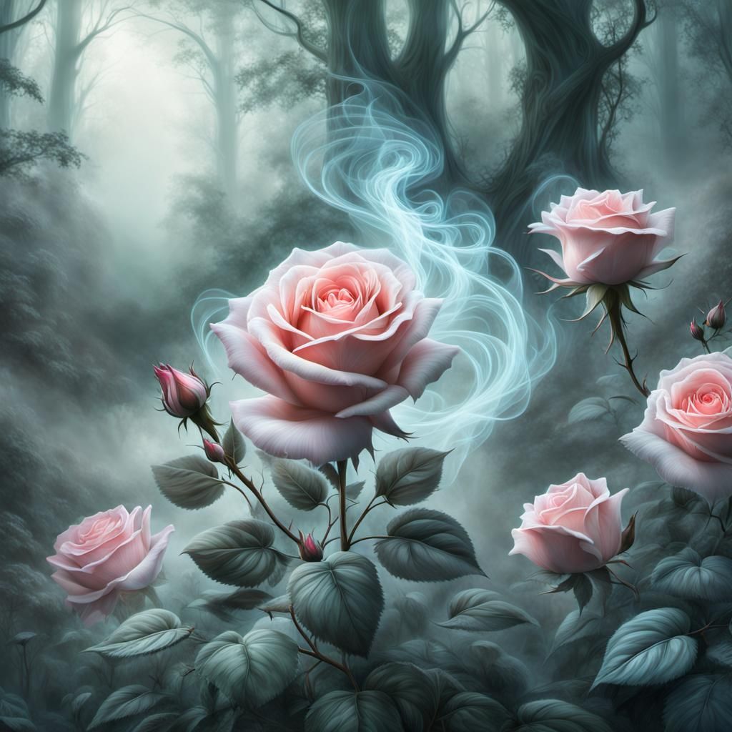 Magical Rose in Mystical Forest, Digital Illustration