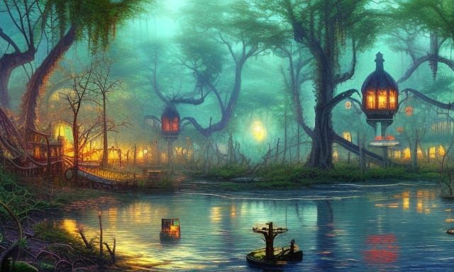 Steampunk Village in a Bayou, Fantasy Concept Art