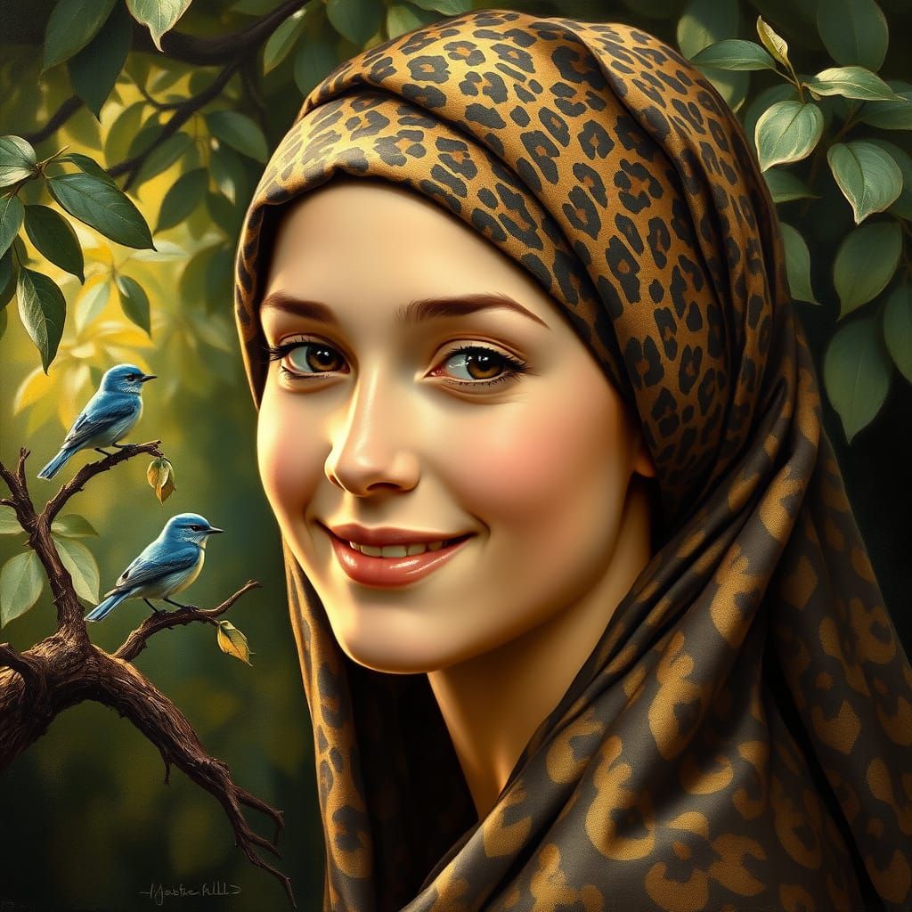 Elegant Young Lady in Leopard Print Headscarf