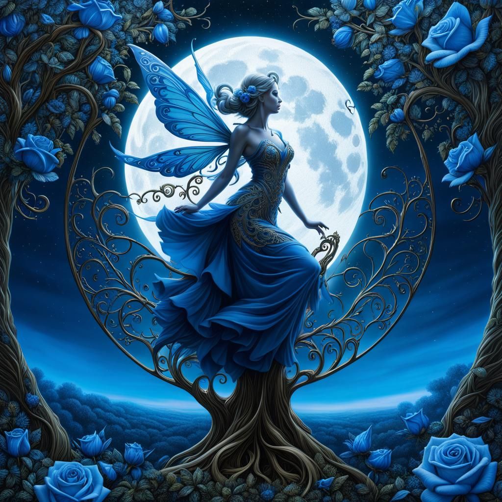 Fairy with Blue Roses in Detailed Landscape