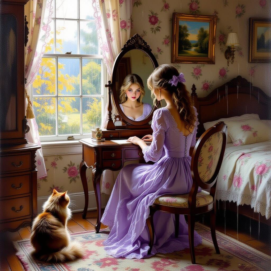 Girl in Lavender Dress at Vintage Dressing Table