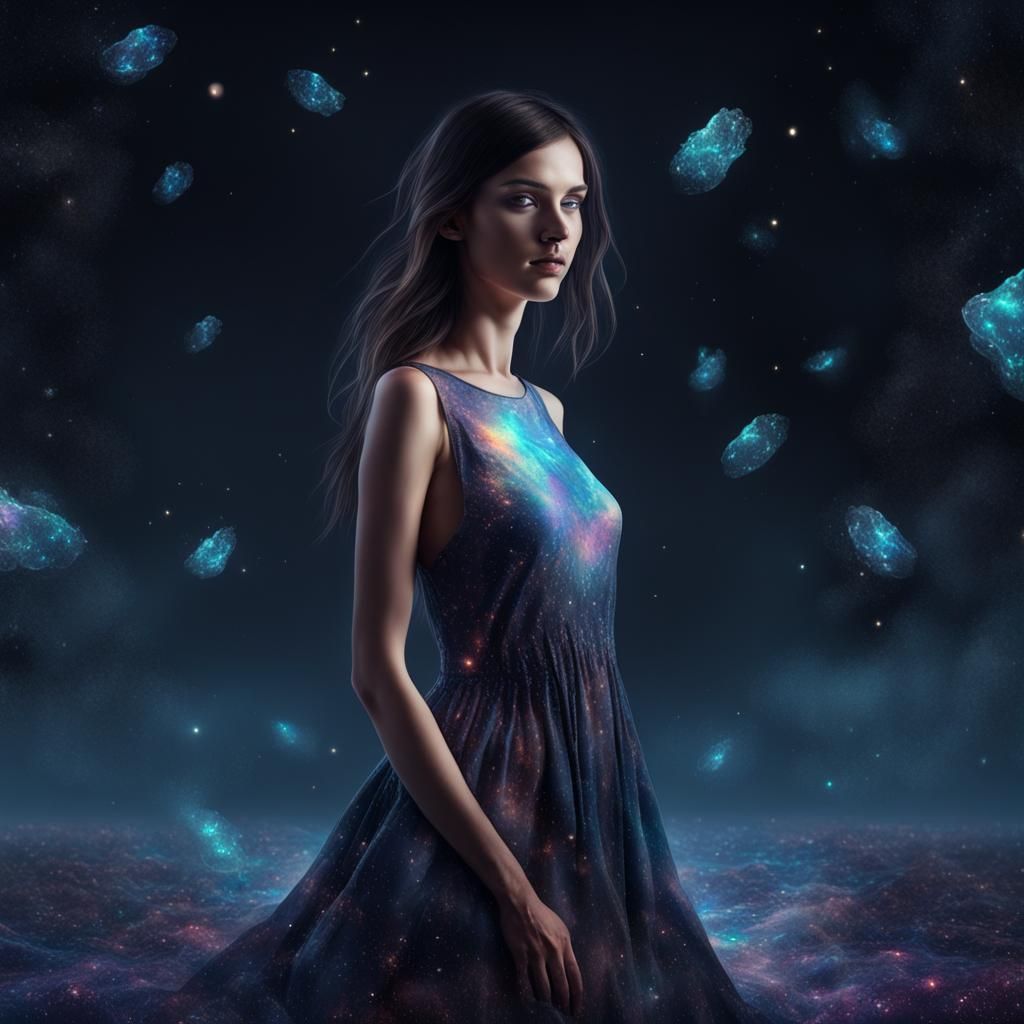Astral Woman in Ash Dress: Holographic Cosmic Illustration