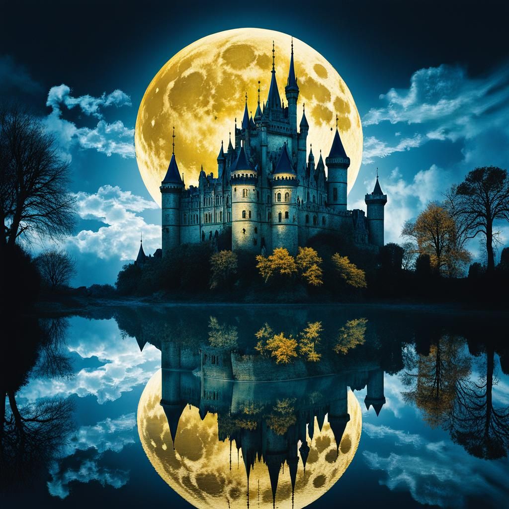 Golden Moon Double Exposure: Gothic Castle in Sky
