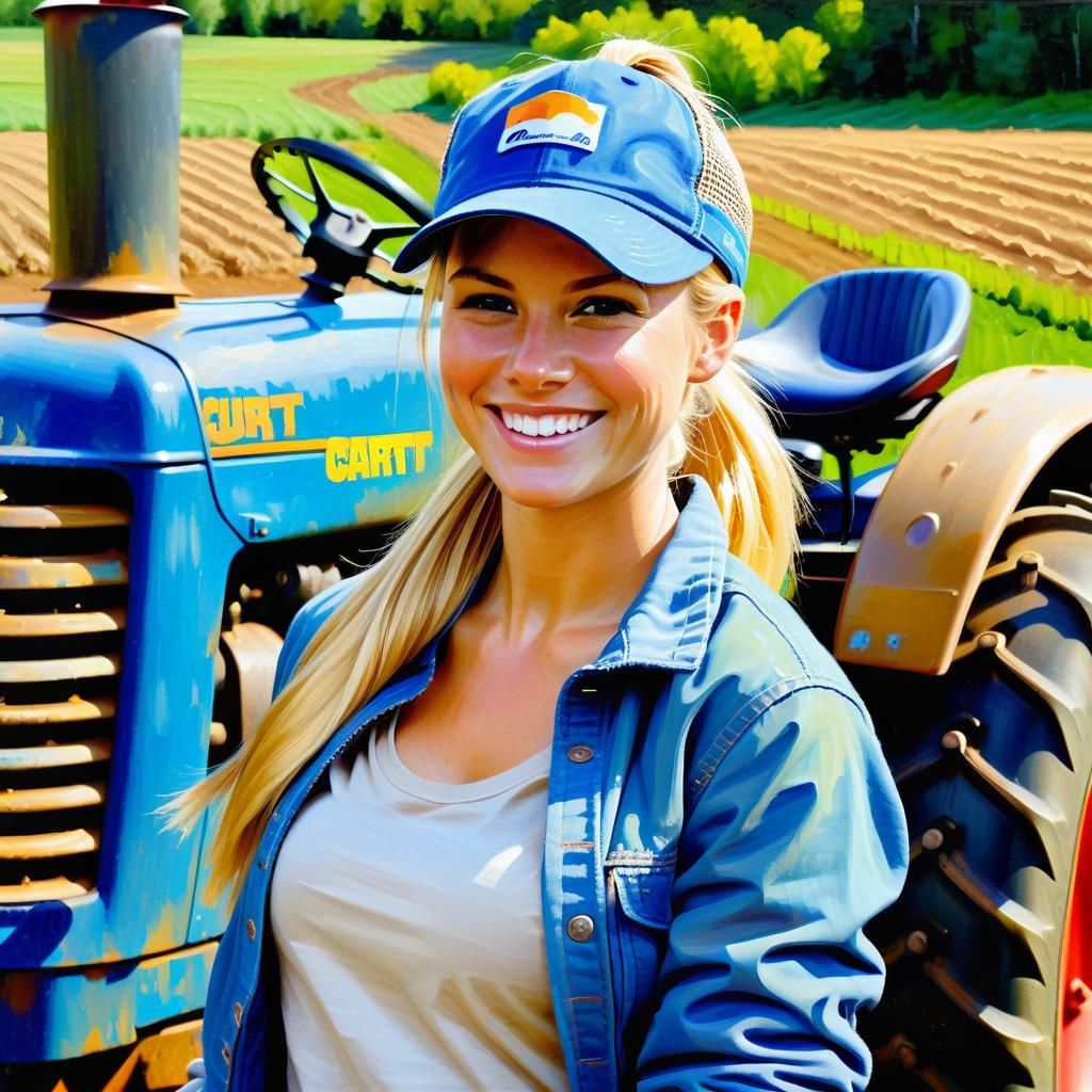 Impressionistic Portrait of Smiling Blond Woman on Farm