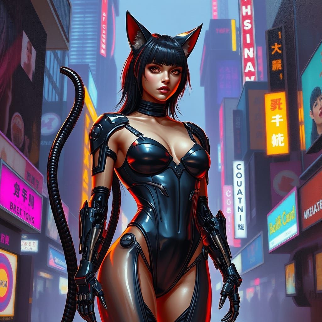 Cybernetic Catwoman in Futuristic Cityscape