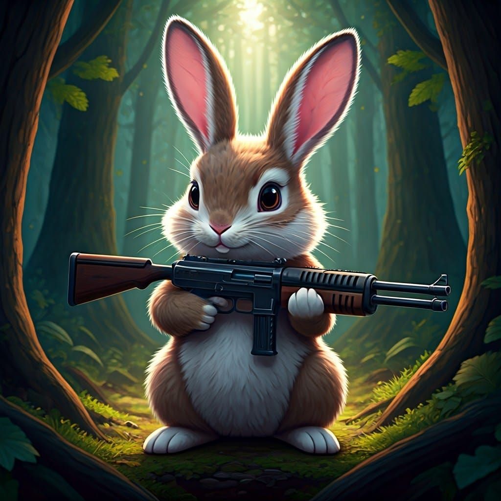 Cute Bunny with RPG-7 in Forest, 4K
