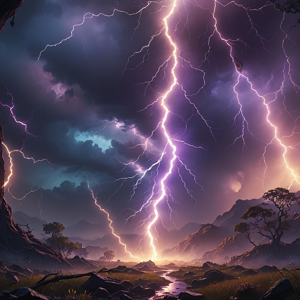 Rainbow Lightning Illuminates Misty Fantasy Landscape