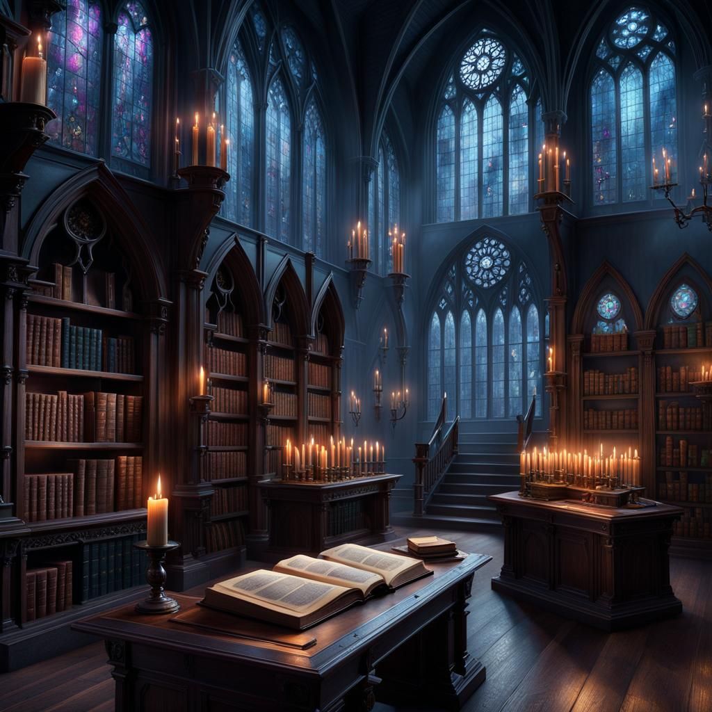 Gothic Dark Academia Library in Ethereal Style