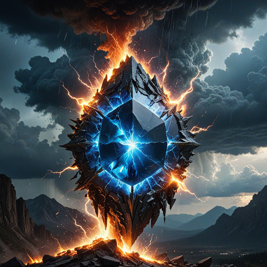 Epic Fantasy Art of Shattered Blue Gem and Ominous Storm