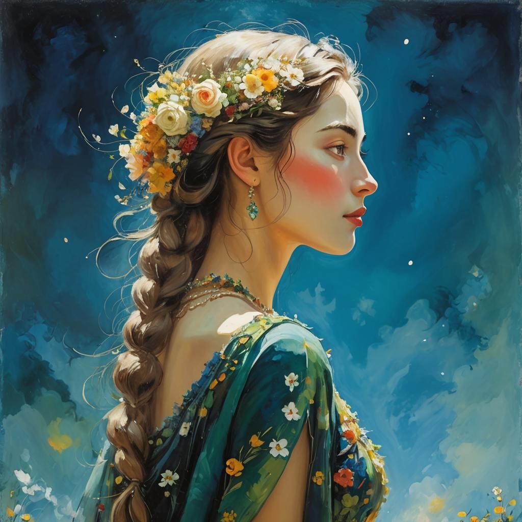 Dreamlike Girl Surrounded by Flowers in Surrealist Style