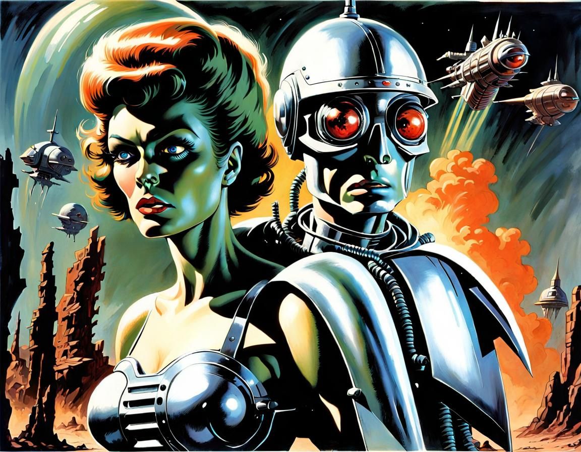 Robot Battle on Alien Planet in Retro Sci-Fi Style