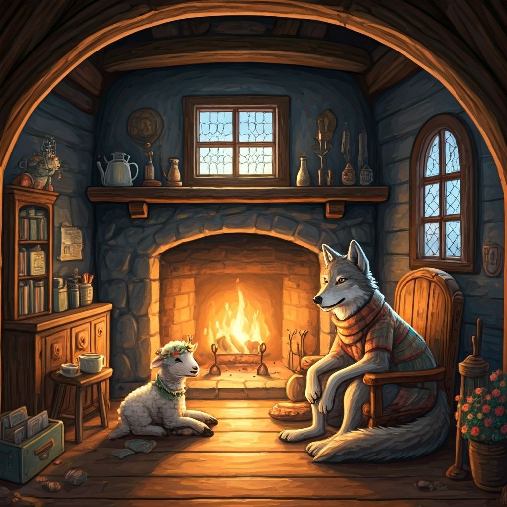 Whimsical Wolf and Lamb Illustration