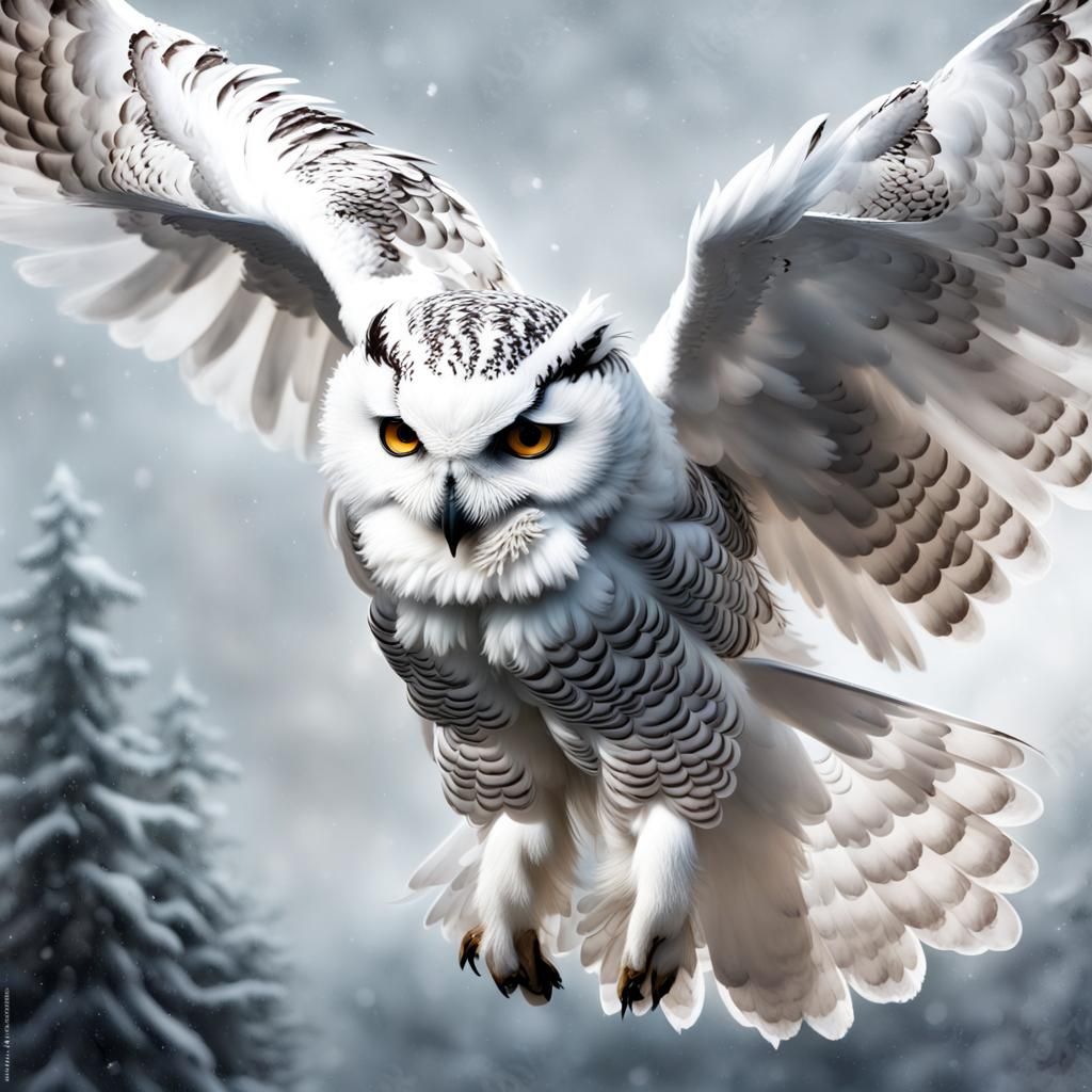 Snowy White Owl in Flight: Digital Matte Painting
