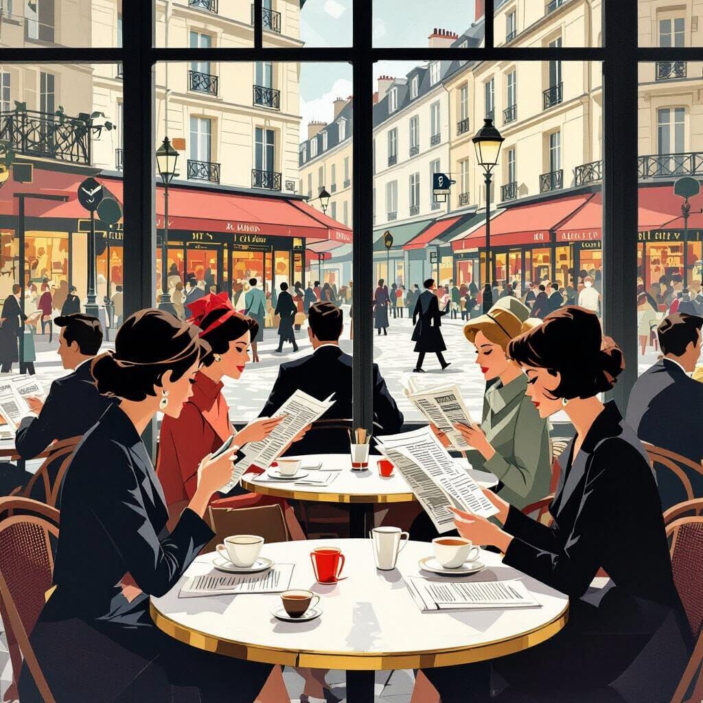 1960s Parisian Cafe Scene in Vintage Poster Style