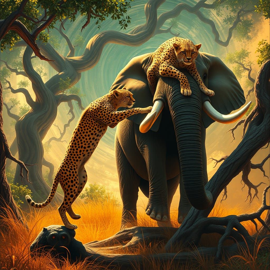 Cheetahs Hunting Elephant: Detailed Matte Painting