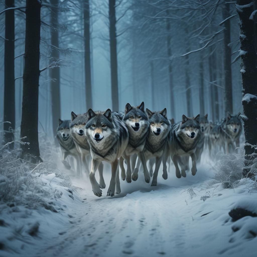 Wolf Pack Runs Through Snowy Forest in Surreal Moonlight