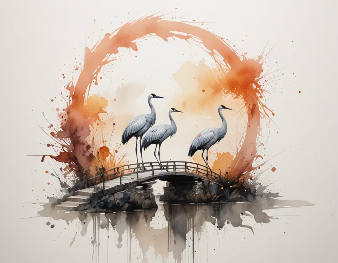 Cranes Dance on Fog-Willow Bridge at Witching Hour