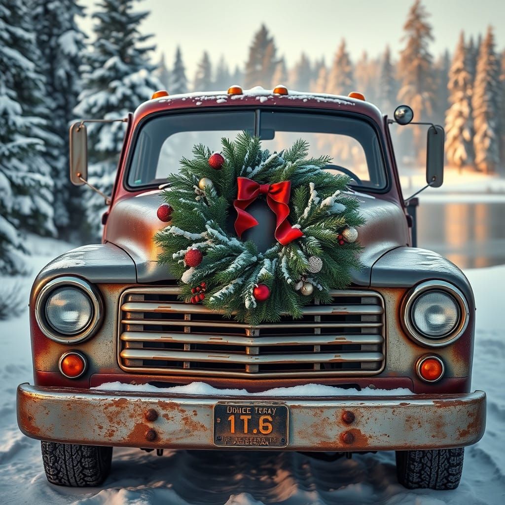 Vintage Christmas Truck in Winter Wonderland Scene