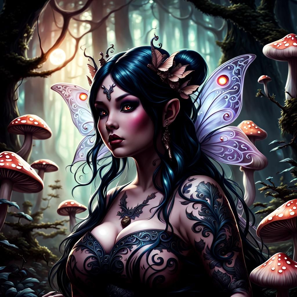 Dark Fairy with Tattoos in Enchanted Forest