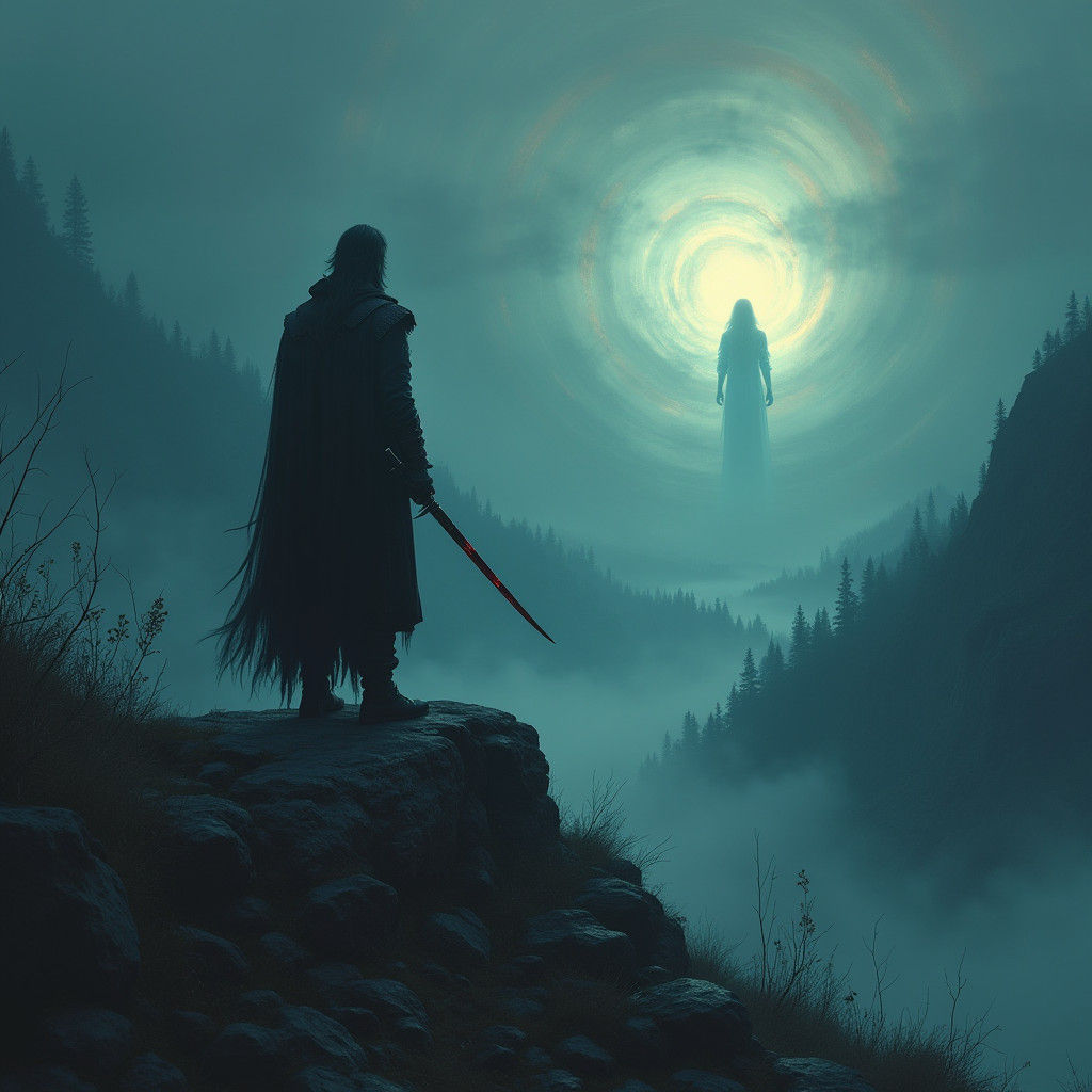 Eerie Macbeth Overlooking Dark Forest in Fantasy Style
