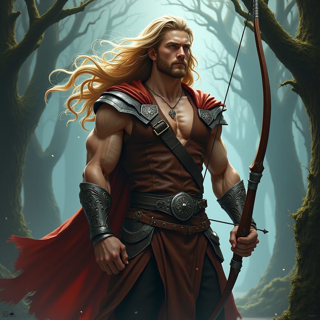 Heroic Archer in Mystical Forest, Fantasy Art
