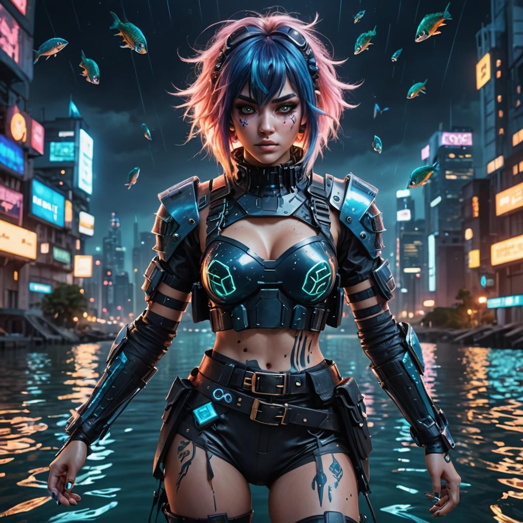 Cyberpunk Warrior Woman Near Dimension Portal