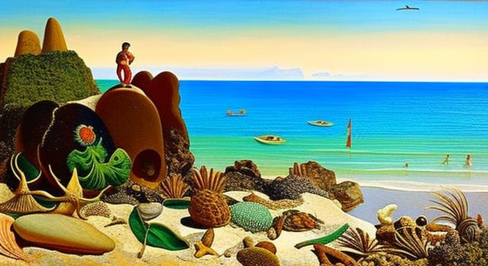 Detailed Beach Scene in Oil Painting Style