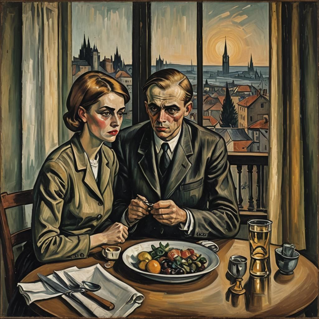 Expressionist Couple at Dinner in Beckmann Style