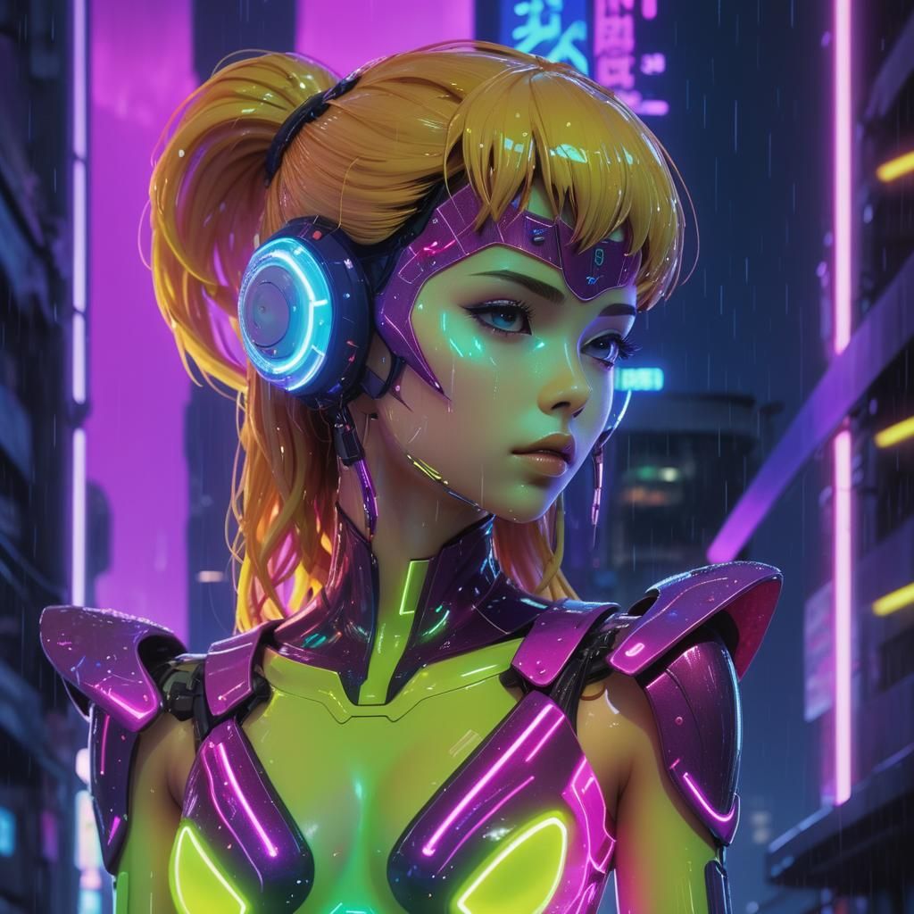 Latina Android in Rainy Cyberpunk Cityscape