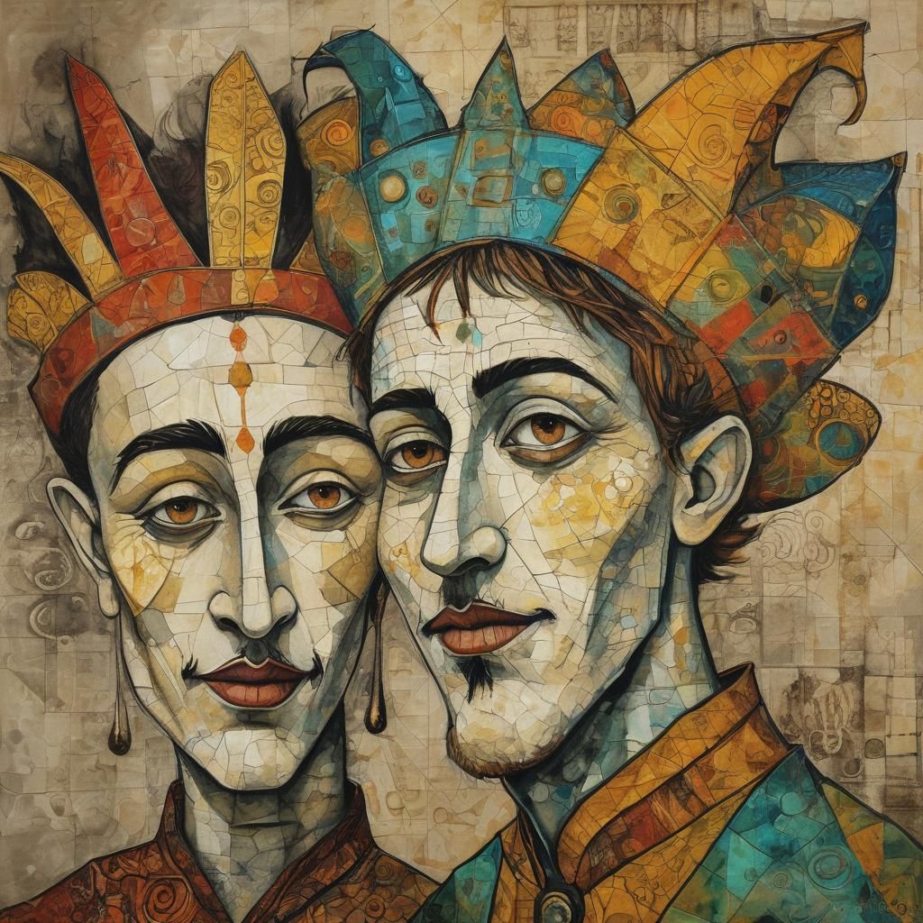 Cubist Jester Portrait in Surrealist Mixed Media Style