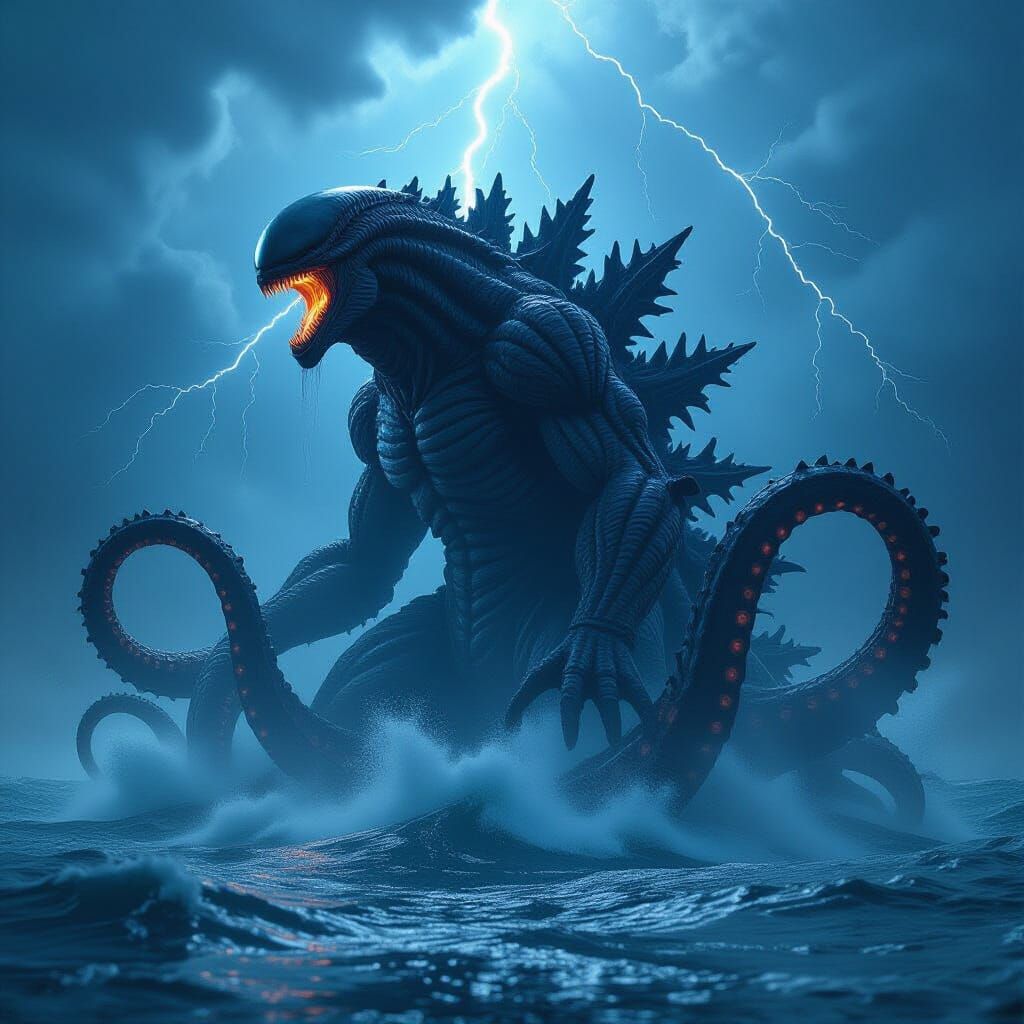 Giant Tentacled Kaiju Emerges from Stormy Sea