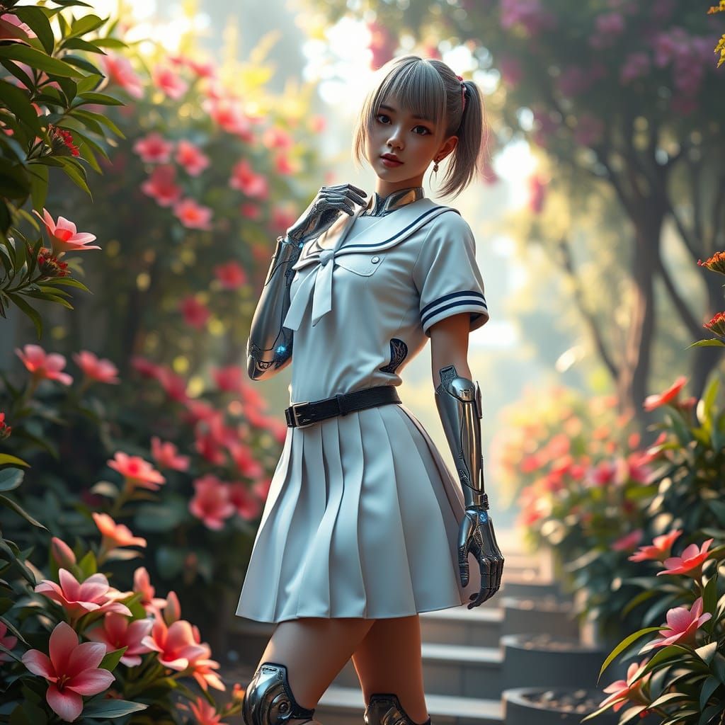Cyborg Schoolgirl in Futuristic Garden