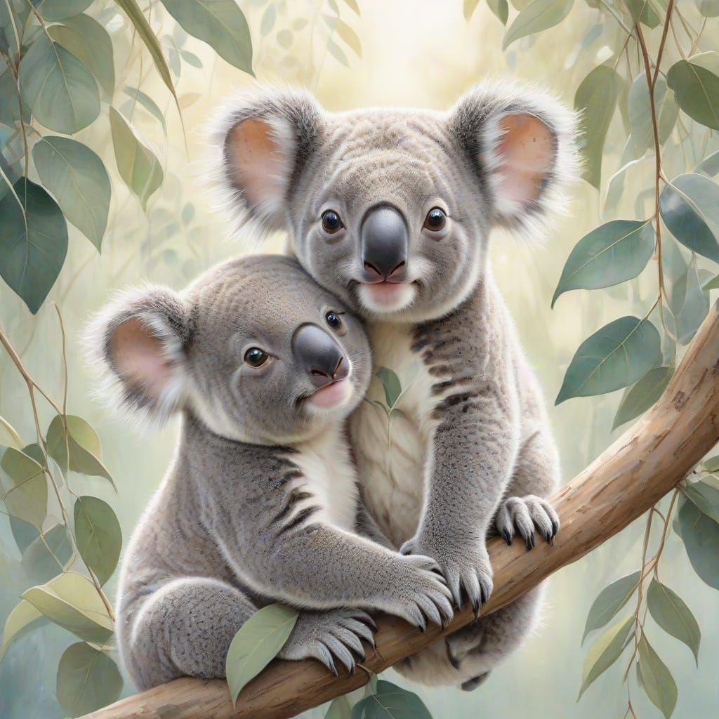 Two Cuddly Baby Koalas in Whimsical Botanical Illustration