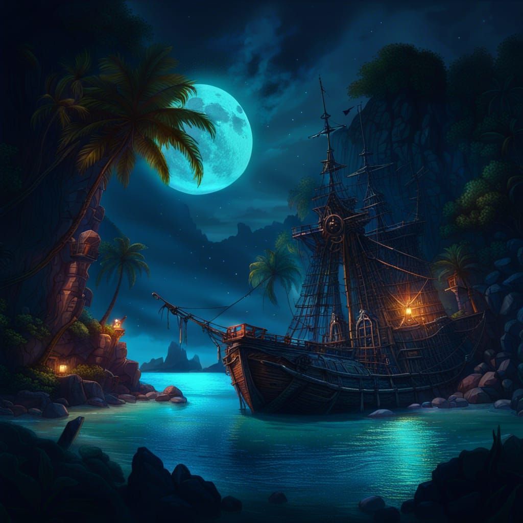 Mystical Pirate Cove at Night: Detailed Matte Painting