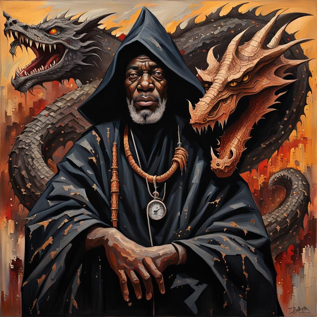 Evil Wizard and Dragon Portrait in African Style