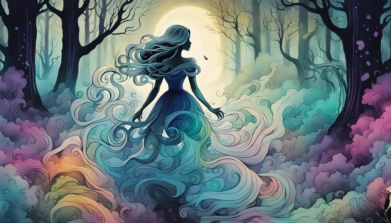 Ethereal Smoke Woman in Forest, Cartoon Poster