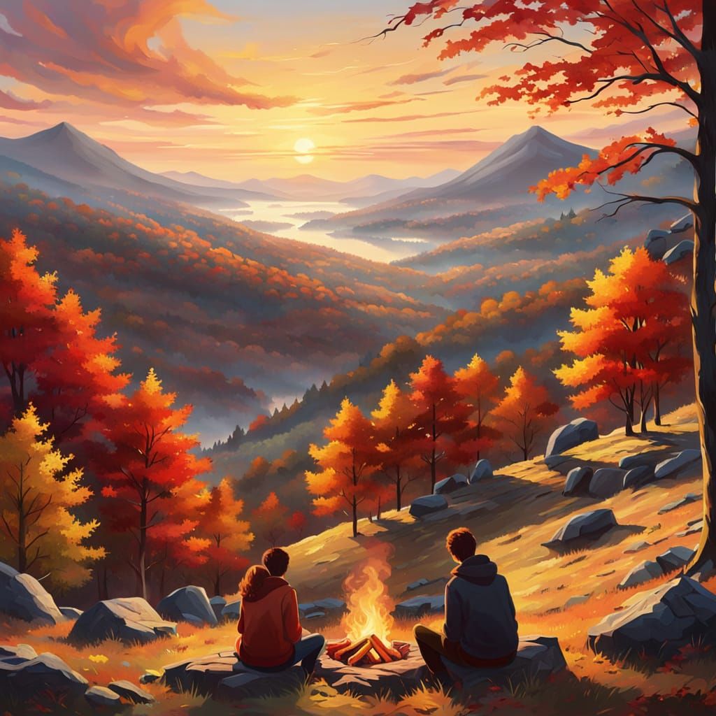 Romantic Couple Cuddling in Autumn Forest Landscape