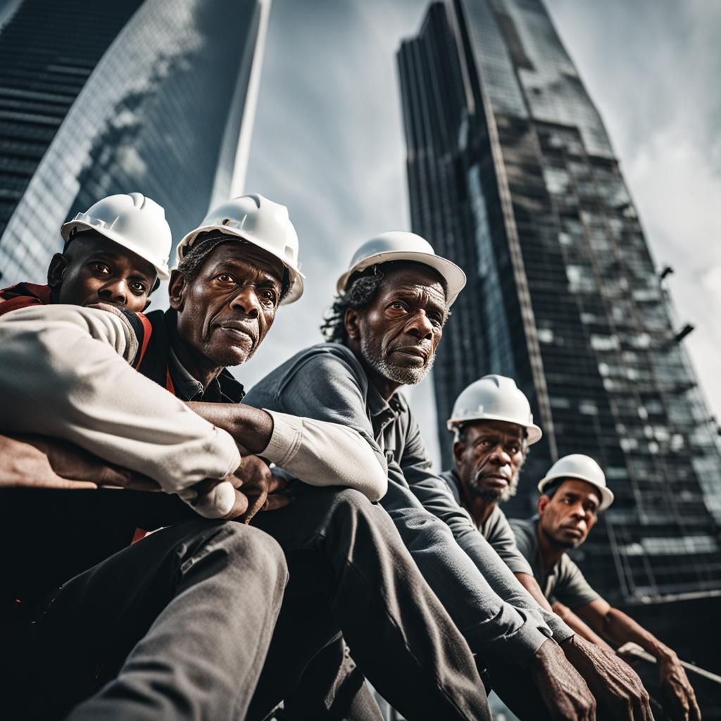 Construction Workers High Above Skyscrapers in Portrait