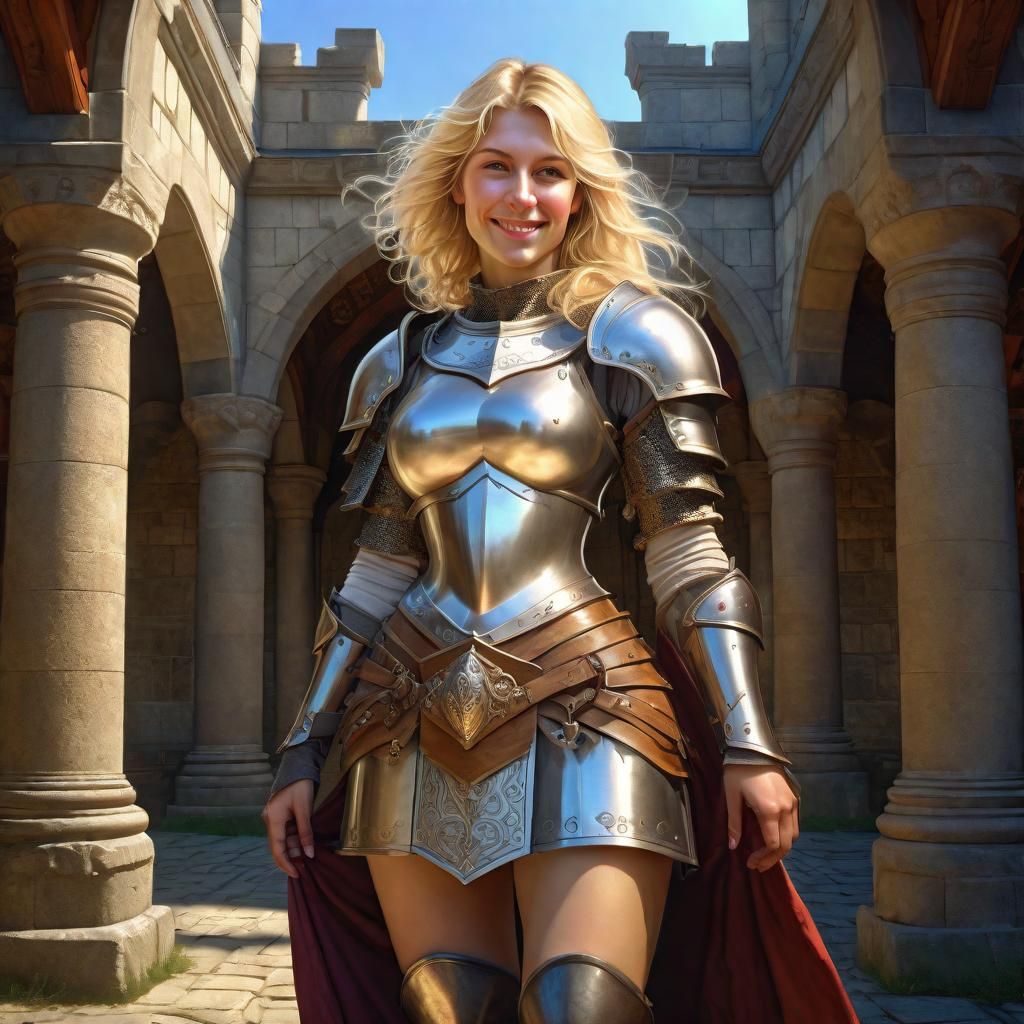 Armored Woman in Temple: Photorealistic Fantasy Portrait
