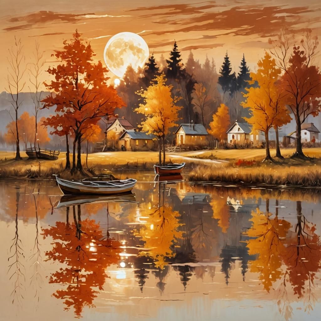 Autumn Sunset Village in Impasto Painting