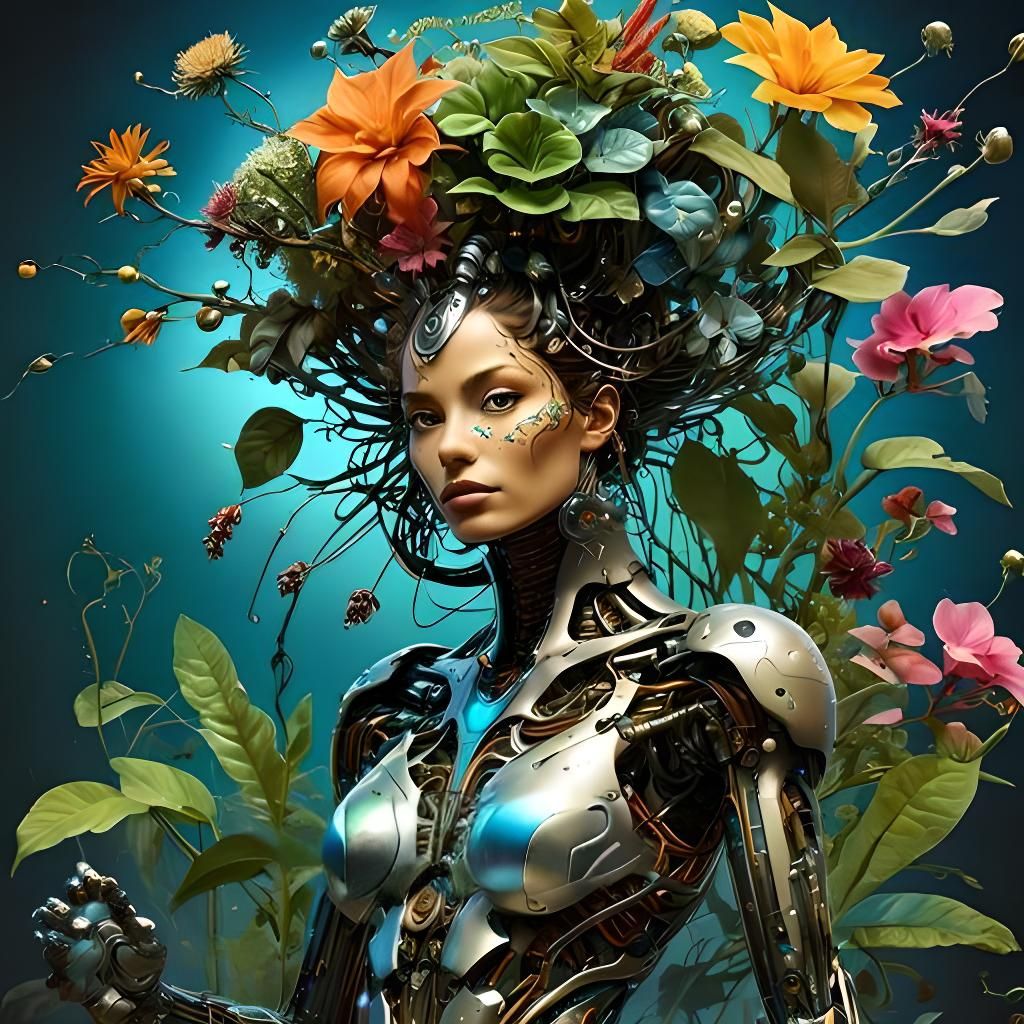Biopunk Cyborg Botanical in Mixed Media Style