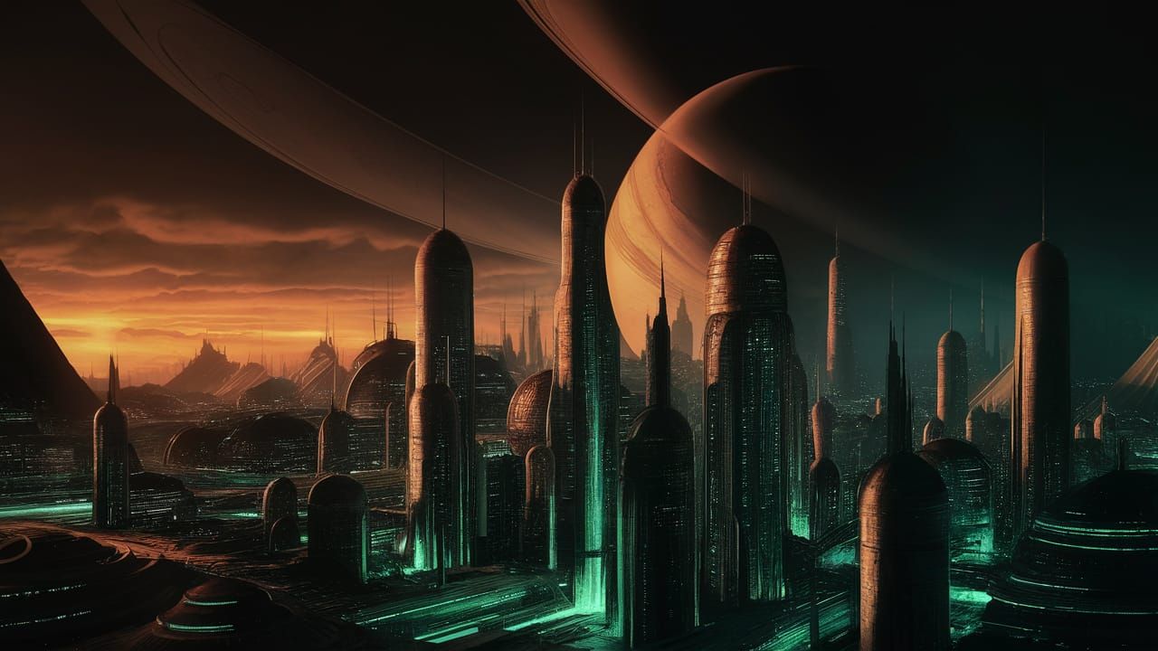 Cyberpunk Cityscape with Ringed Planet, Comic Book Style