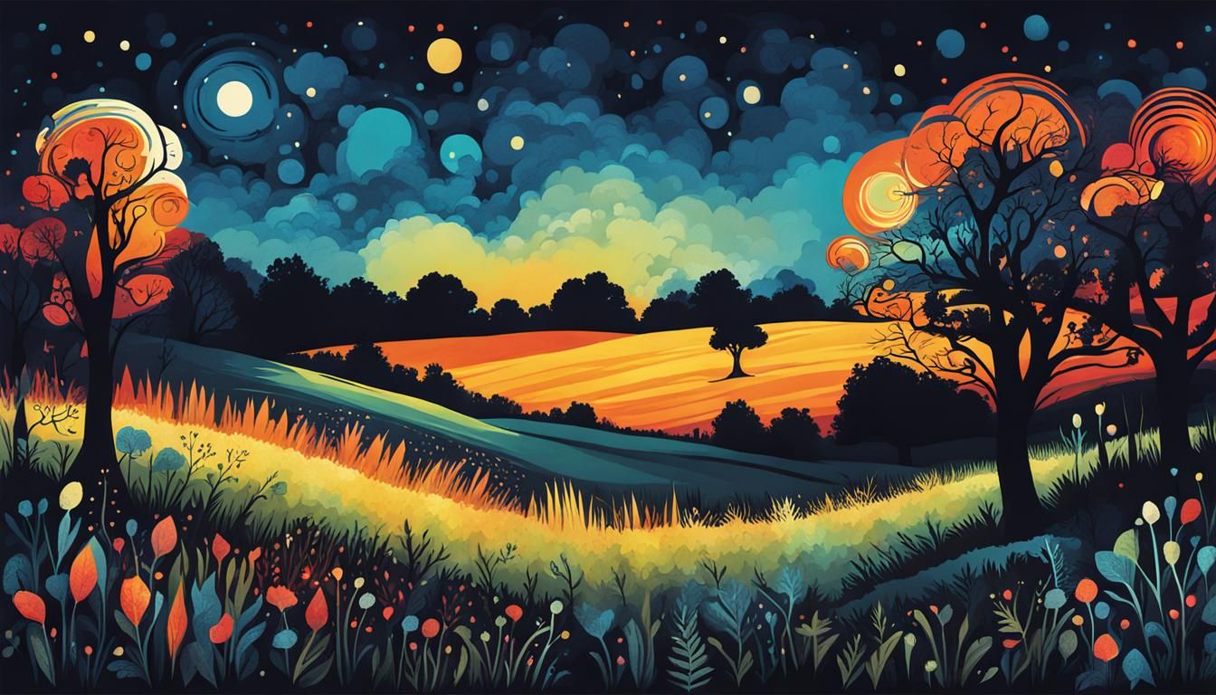 Glowing Mysterious Meadow at Night: Asemic Ink Cartoon